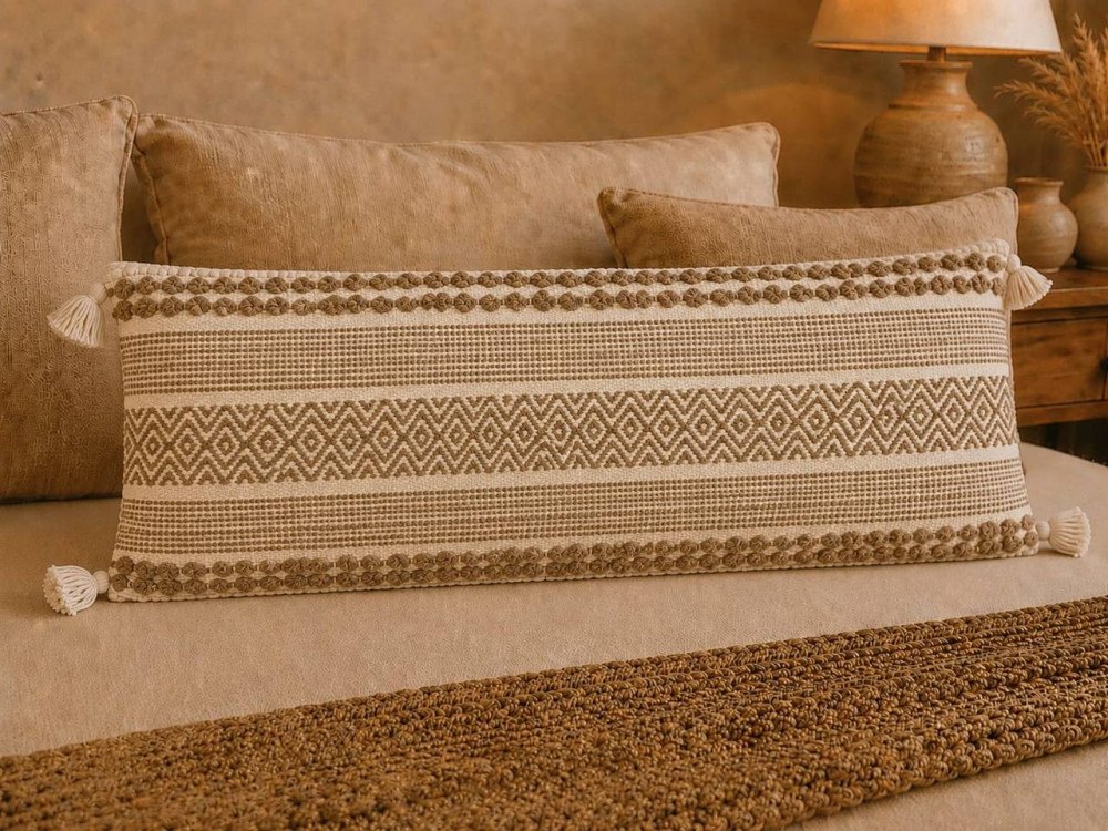 Image of Boho Tufted Lumbar Cushion Cover 14x36 | Diamond Knot Trim Pillow Cover for Sofa, Bed &amp; Diwan