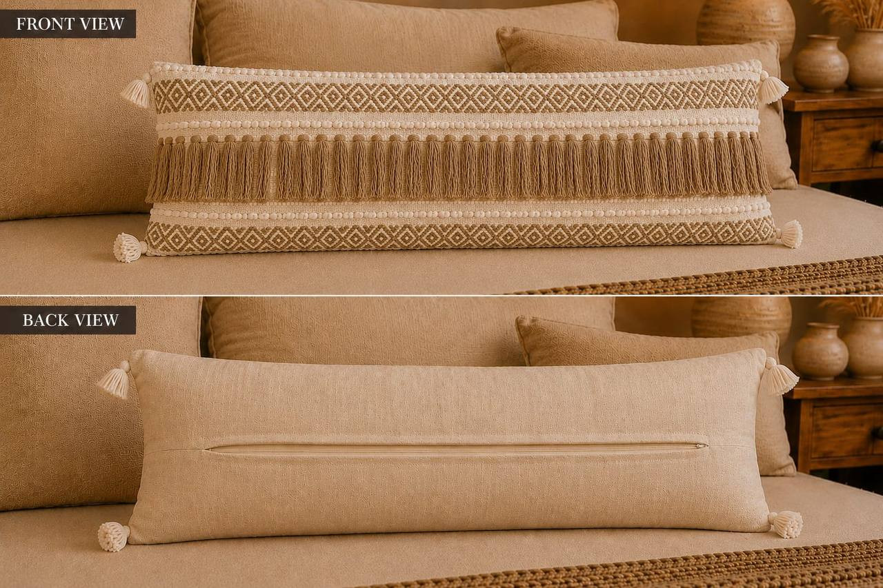 Front and back view of boho lumbar cushion cover showing diamond fringe design and hidden zipper