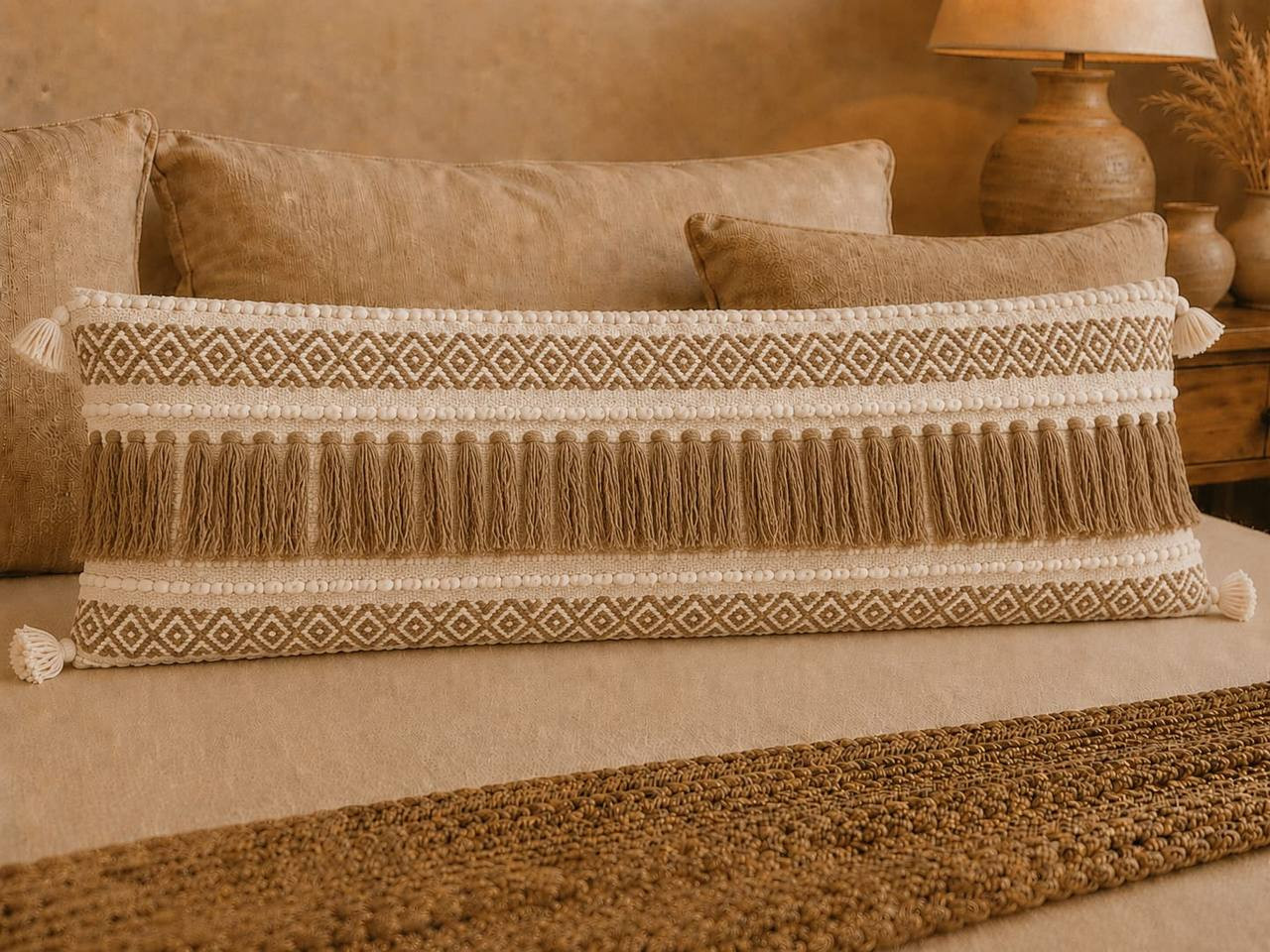 Boho tufted lumbar cushion cover with diamond weave and fringe detail on sofa