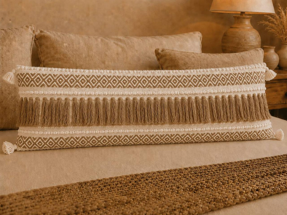 Image of Boho Tufted Lumbar Cushion Cover 14x36 | Diamond Fringe Pillow Cover for Sofa, Bed &amp; Diwan