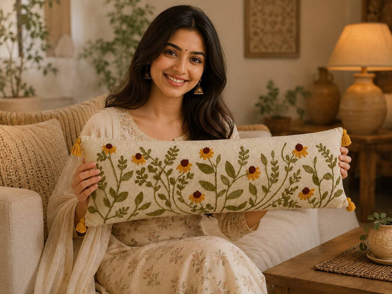 Woman in ethnic wear holding ivory lumbar cushion cover with embroidered daisy vine design