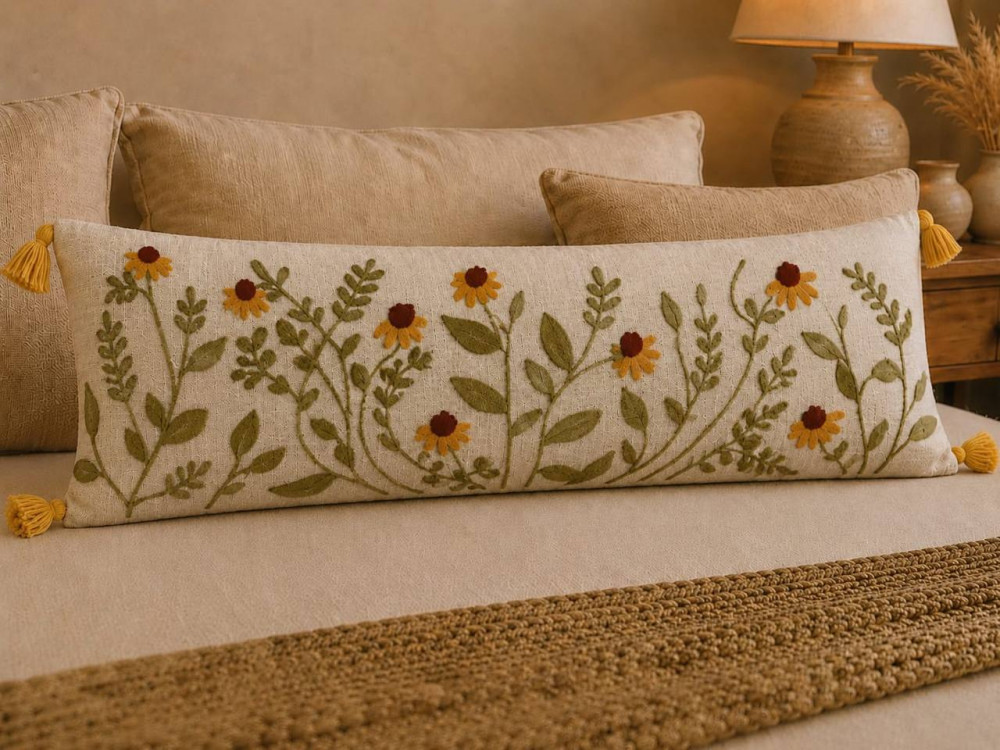 Image of Embroidered Wild Daisy Vine Lumbar Cushion Cover 14x36 (Sage Green)