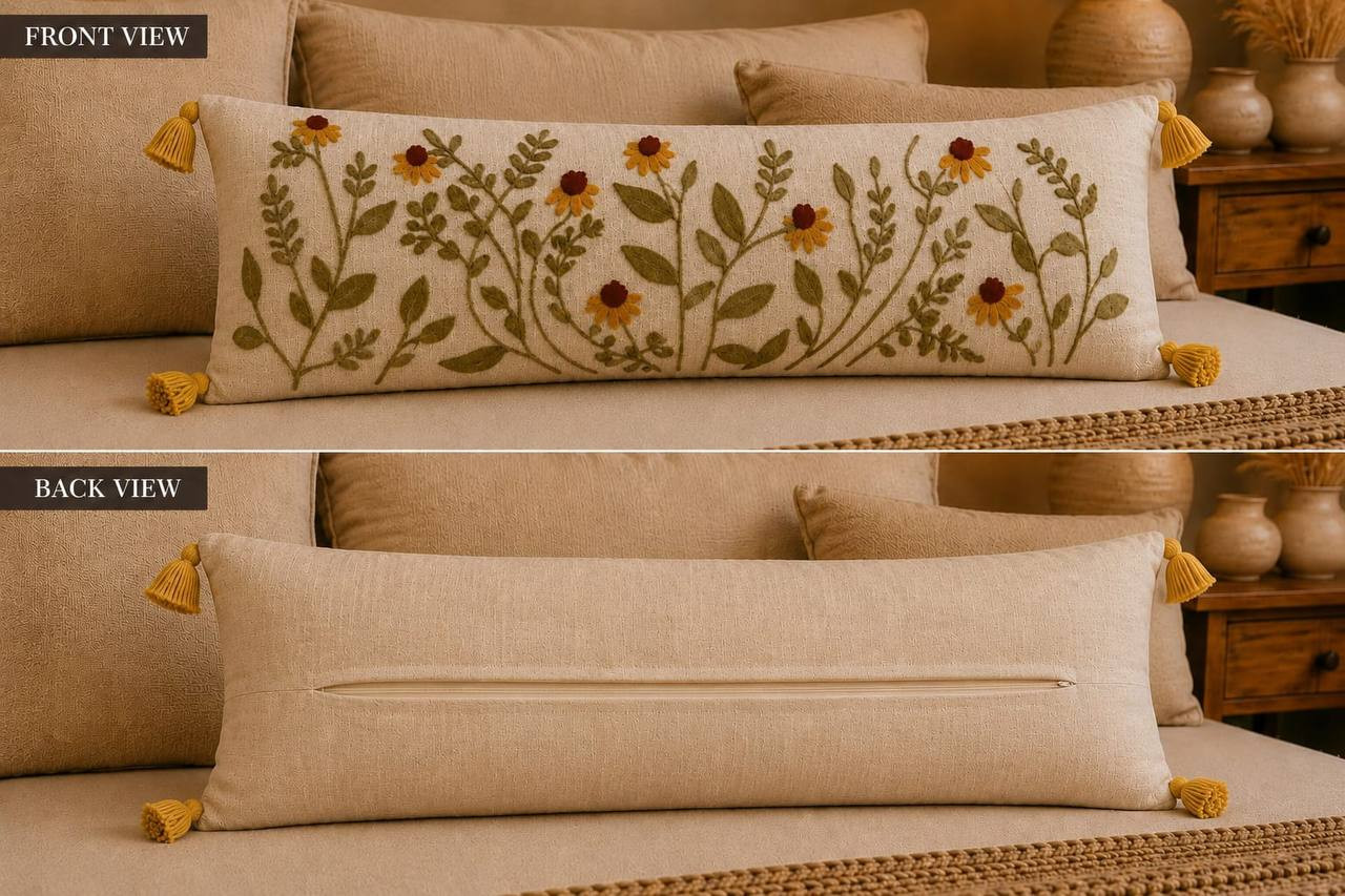 daisy vine embroidered lumbar cushion cover front view sage green foliage and back view hidden zipper