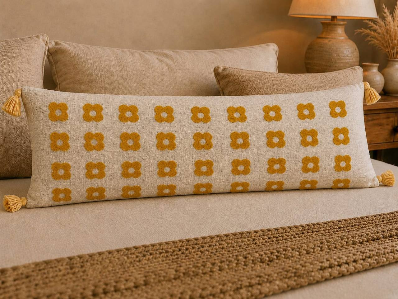 Ivory boho lumbar cushion with mustard tufted flower grid pattern on sofa with tassels
