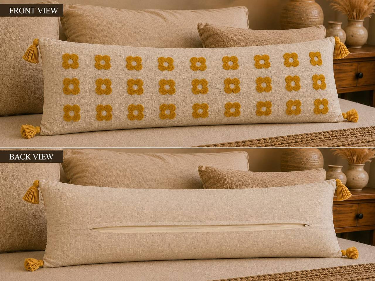 tufted grid floral lumbar cushion cover front view mustard flowers and back view hidden zipper