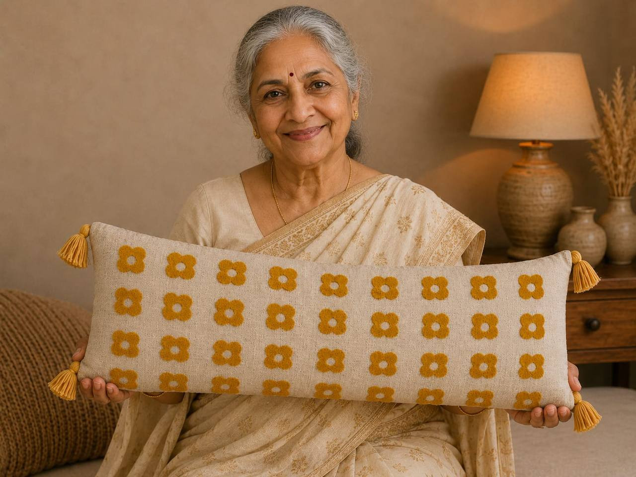 Woman in saree holding ivory lumbar cushion cover with mustard tufted grid floral pattern