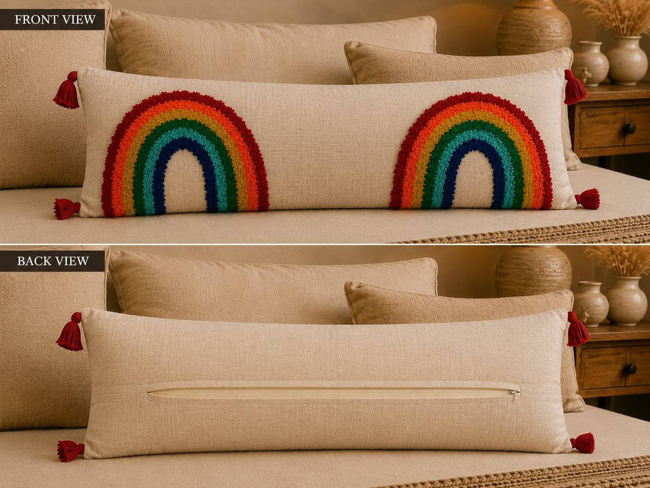 Front and back view of double rainbow tufted lumbar cushion cover showing hidden zipper