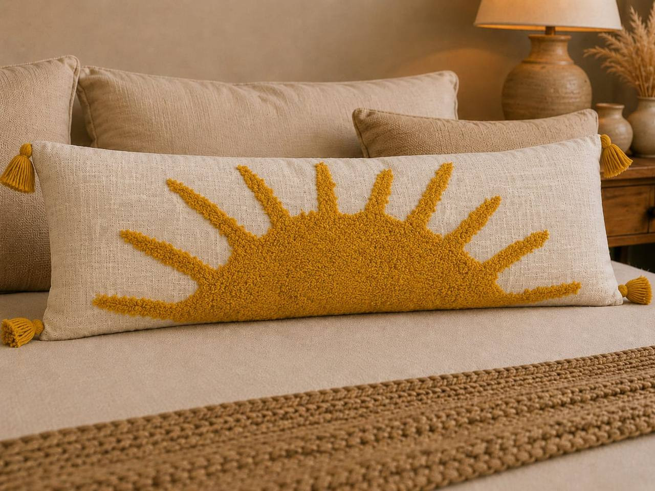 Sunburst tufted lumbar cushion cover styled on sofa with mustard tassels