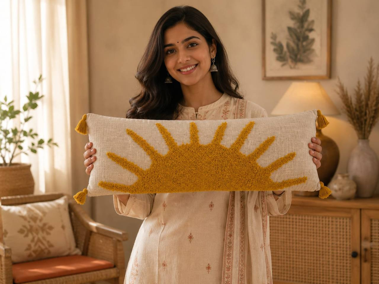 Woman holding mustard sunburst tufted lumbar cushion cover with tassels