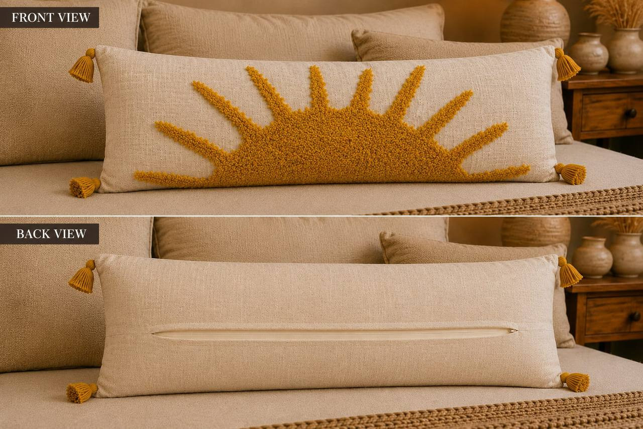 Front and back view of sunburst tufted lumbar cushion cover showing hidden zipper