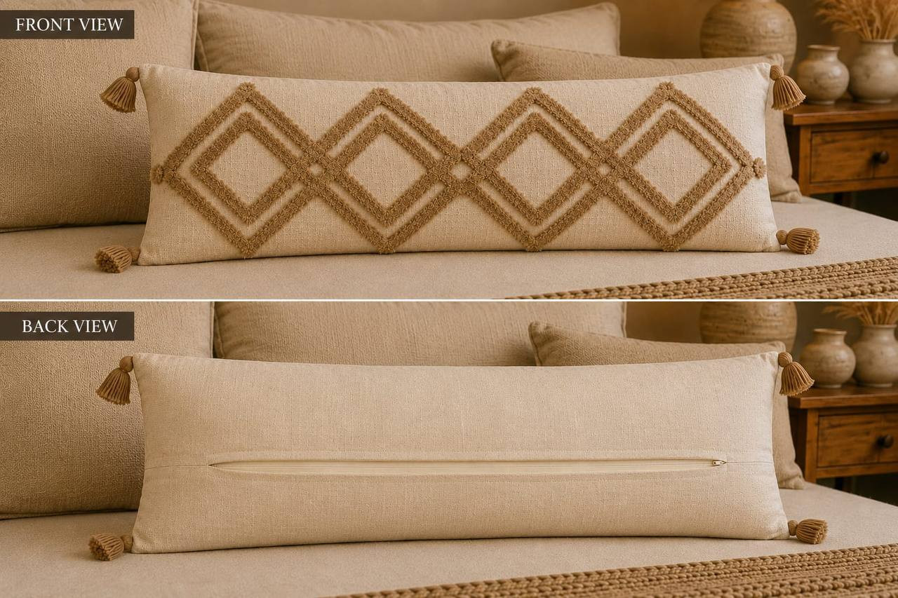 Front and back view of boho tufted lumbar cushion cover showing diamond design and zipper closure
