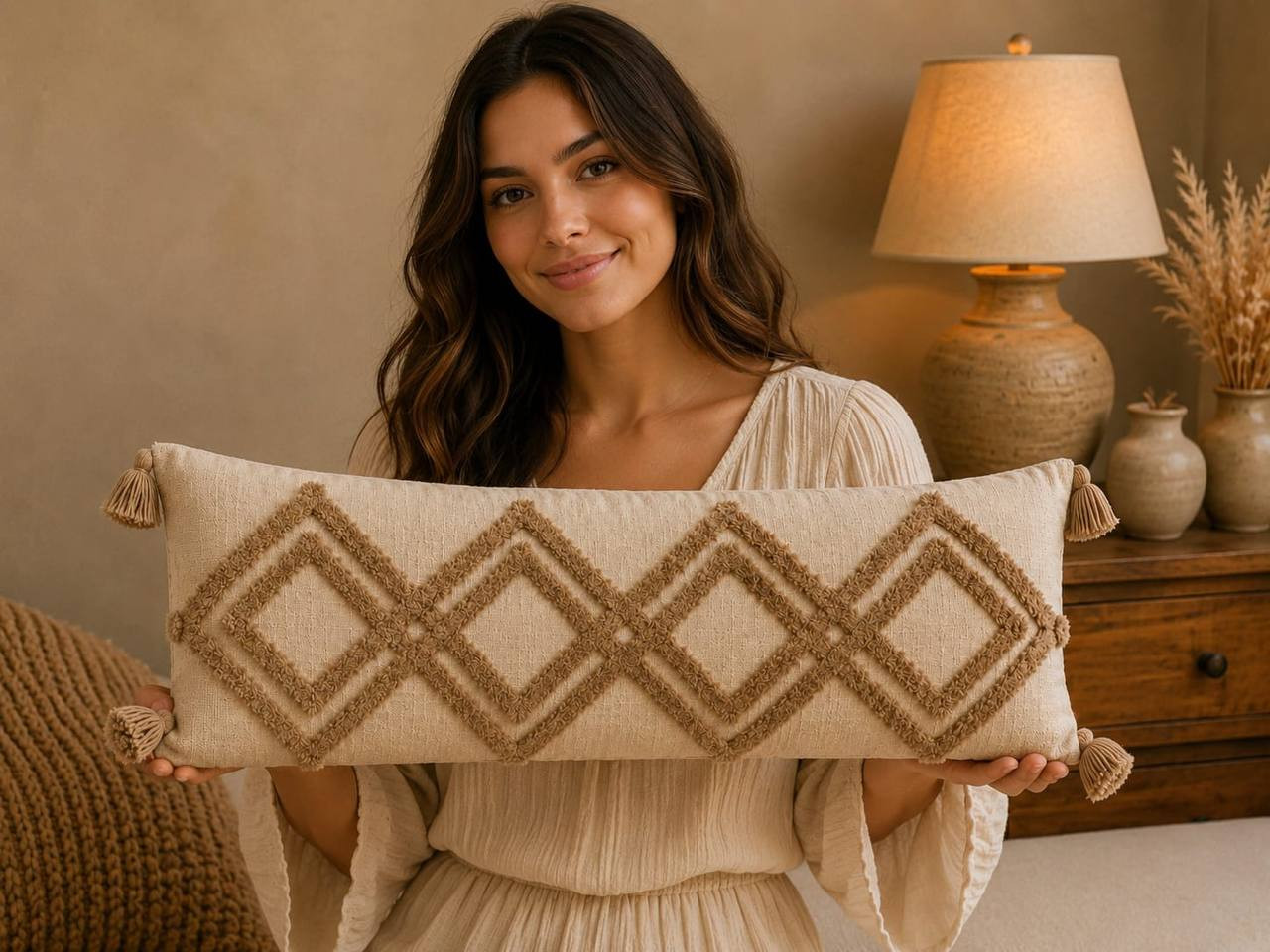 Woman holding 14x36 boho tufted diamond lumbar cushion cover with camel tassel corners