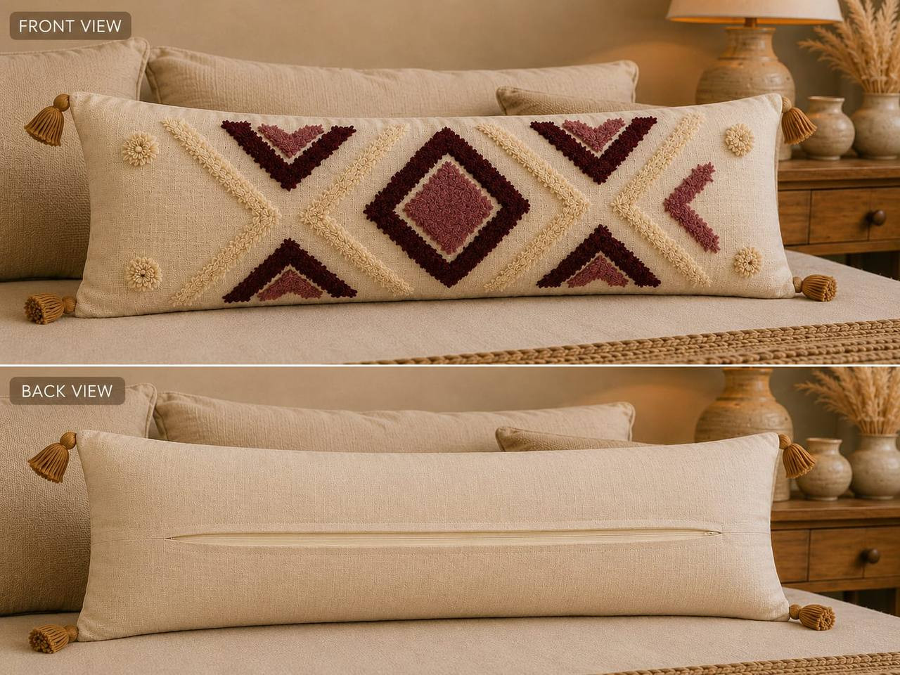 Front and back view of tribal diamond tufted lumbar cushion cover showing hidden zipper