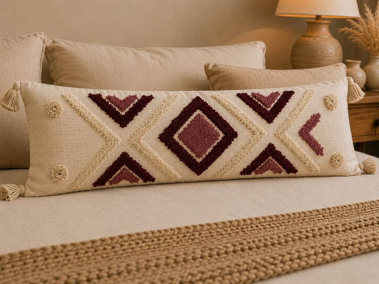 Tribal diamond tufted lumbar cushion cover with burgundy chevron pattern on sofa