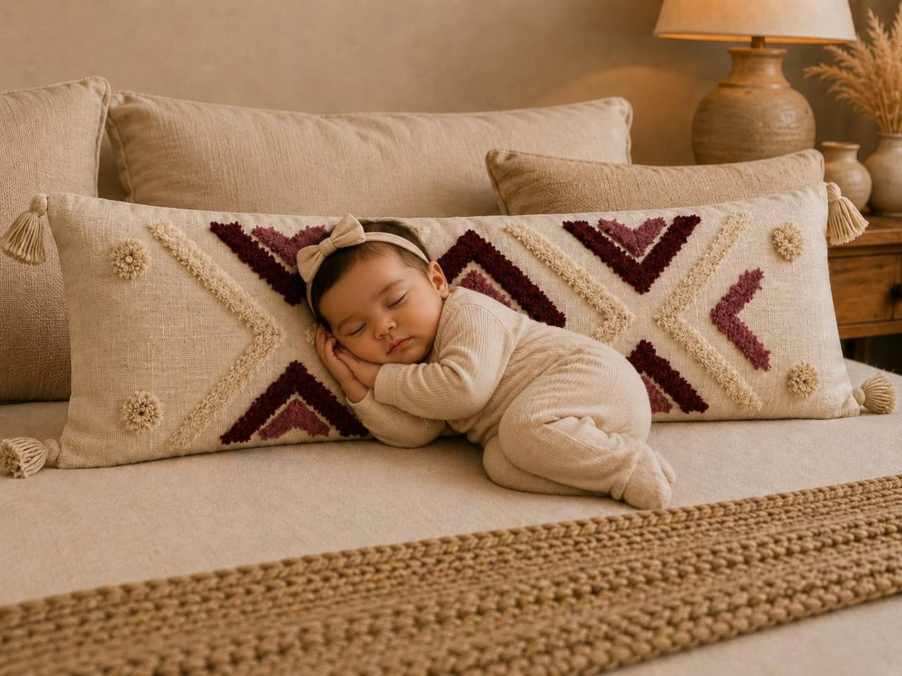 Baby sleeping beside tribal diamond tufted lumbar cushion cover with tassels