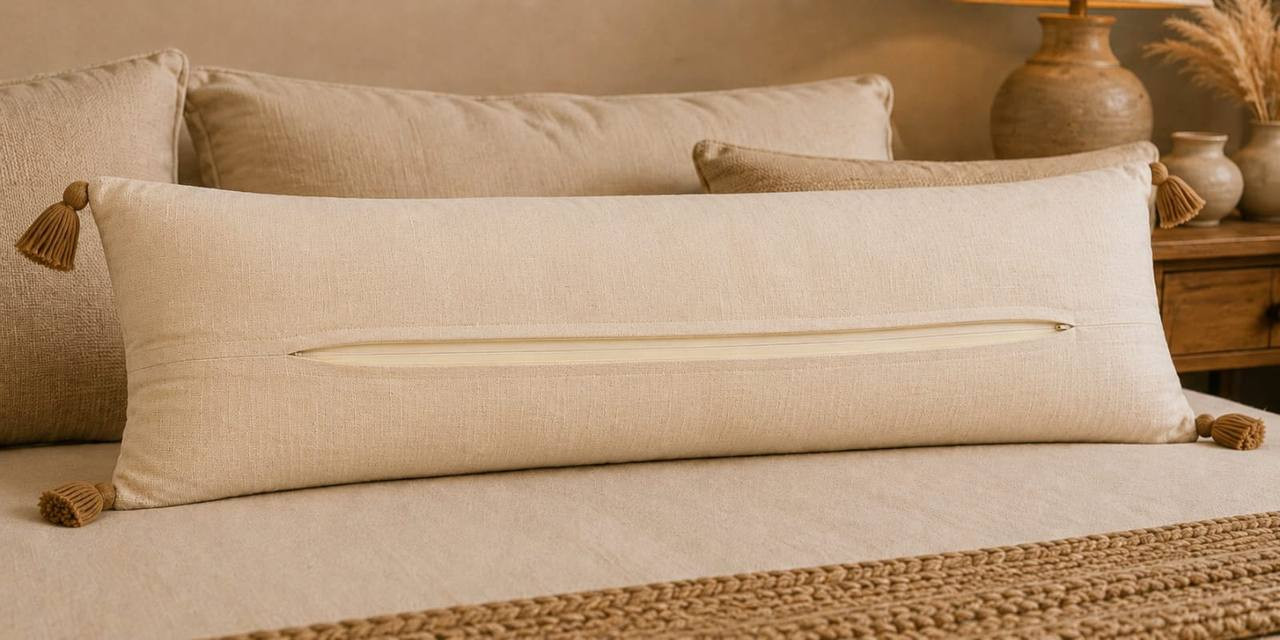 Back view of golden leaf tufted lumbar cushion cover showing hidden zipper
