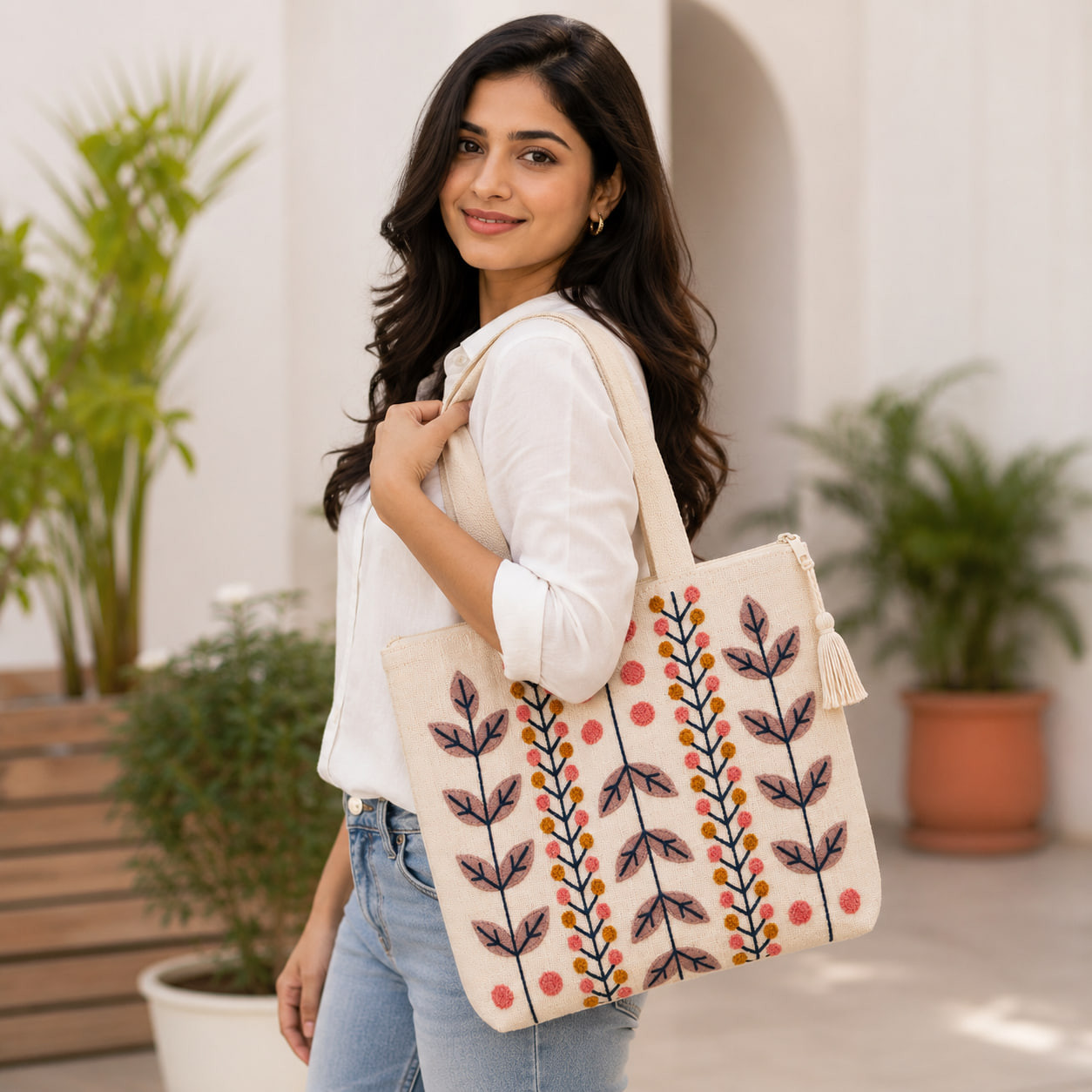 Woman wearing embroidered botanical stem tote bag outdoors near plants