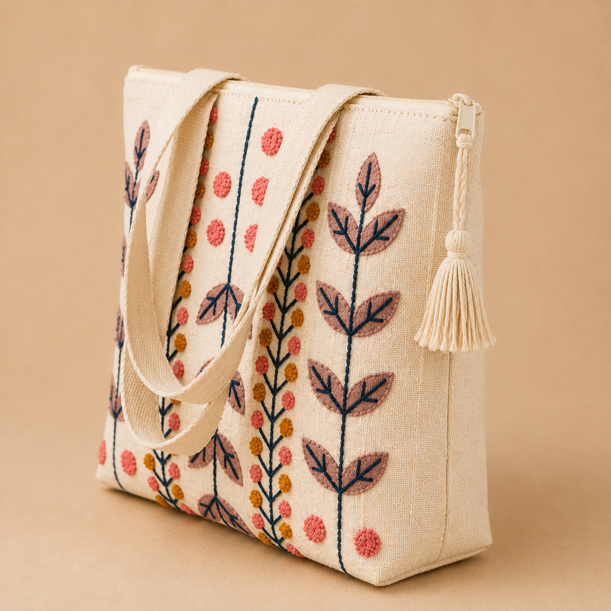 Side angle of embroidered botanical tote bag showing shoulder straps and tassel