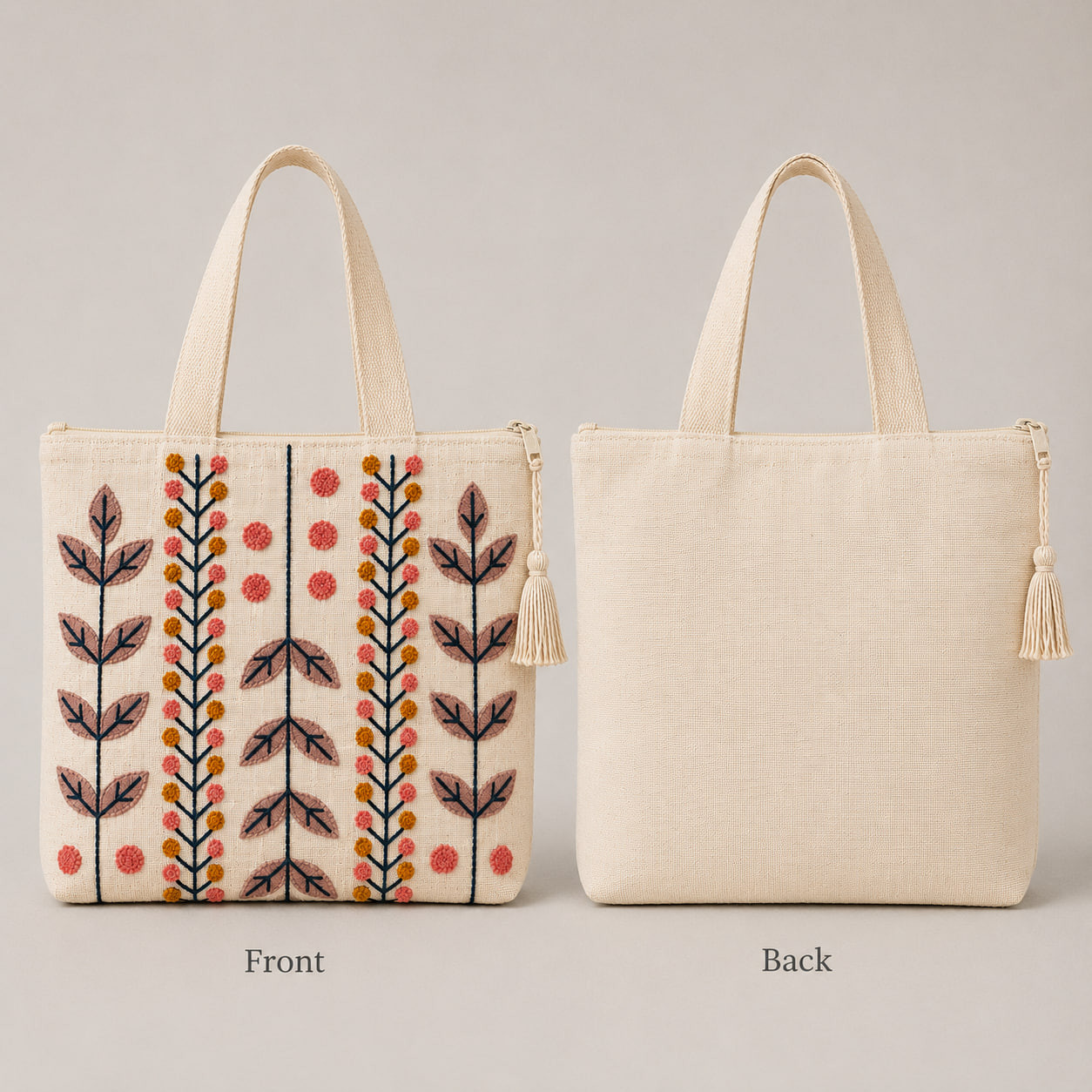 Front and back view of embroidered botanical stem cotton linen tote bag