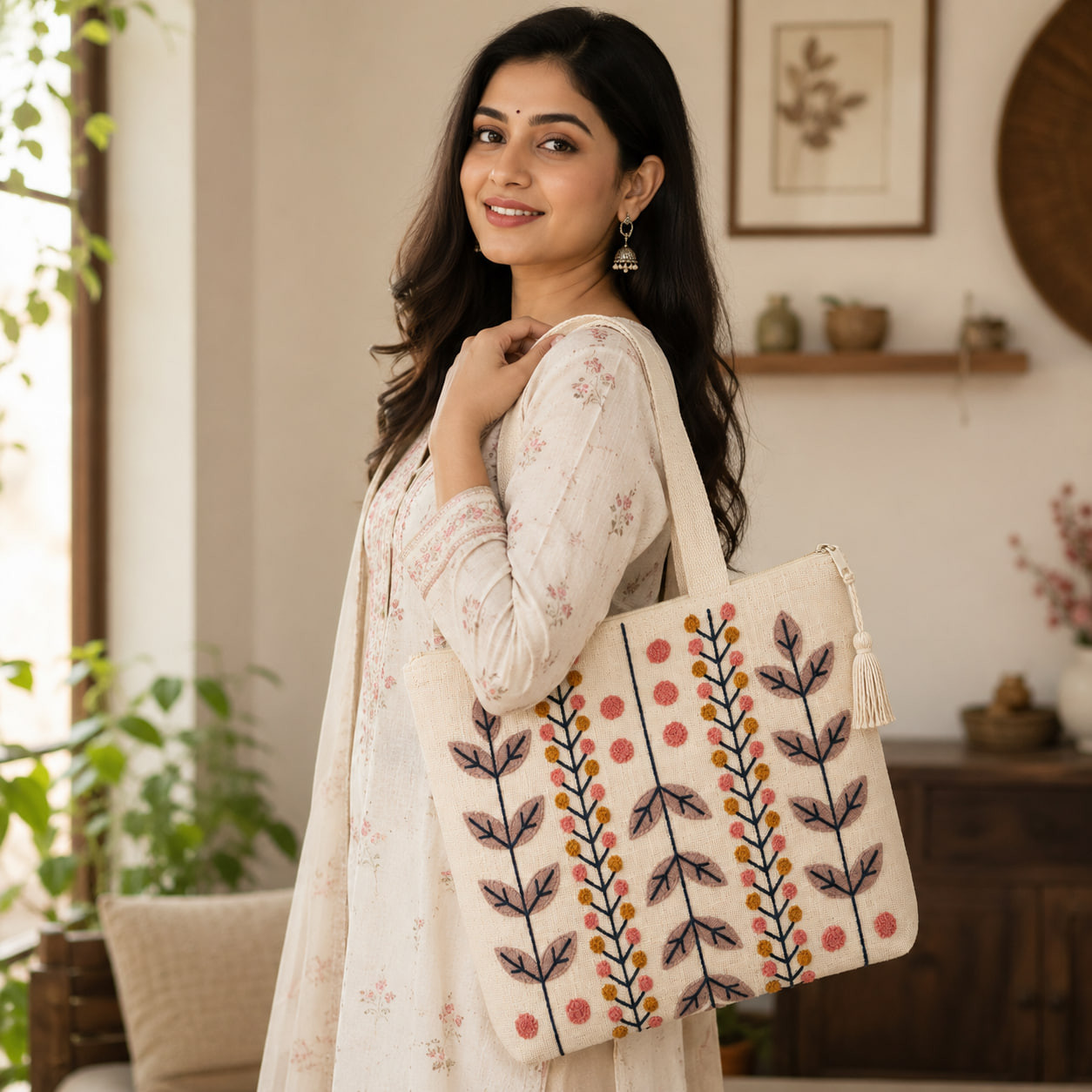 Woman carrying embroidered botanical stem tote bag indoors