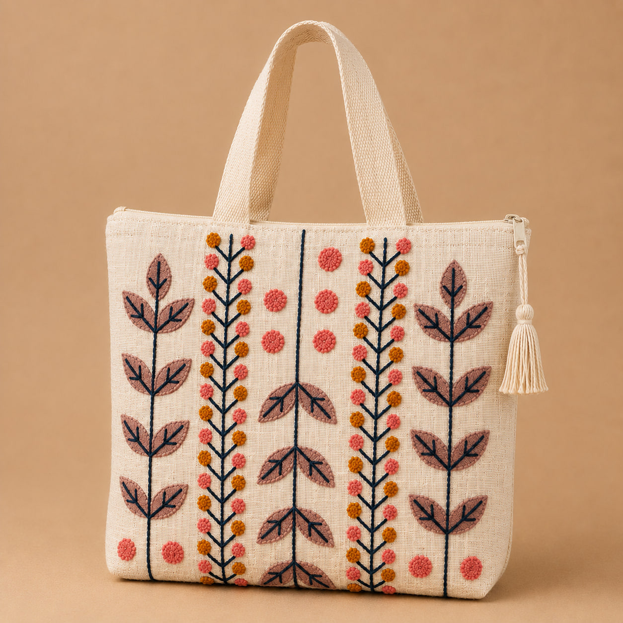 Embroidered botanical stem tote bag with mauve leaves and coral berry dots