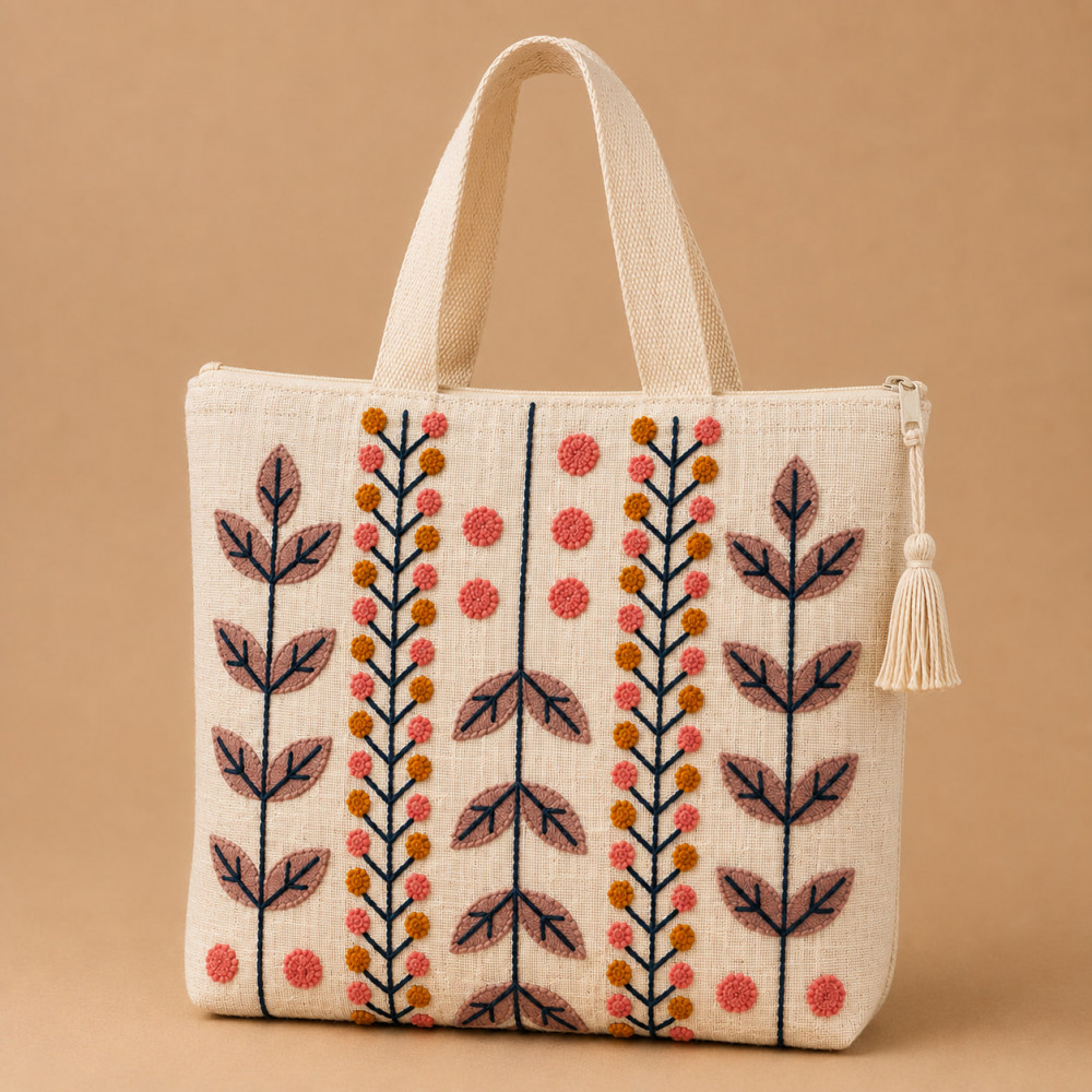 Image of Embroidered Botanical Stem Cotton Linen Tote Bag
