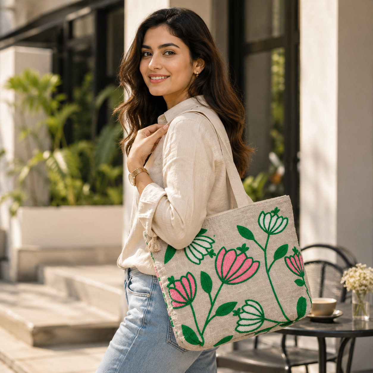 Woman wearing embroidered floral tote bag with jeans and shirt outdoors