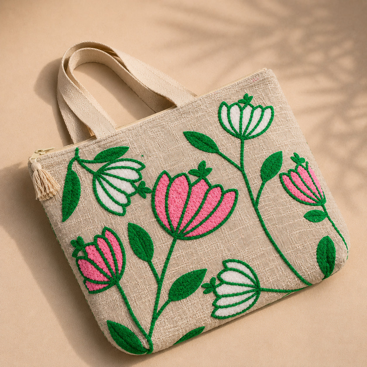 Close-up angle of embroidered floral tote bag showing pink and white flower embroidery