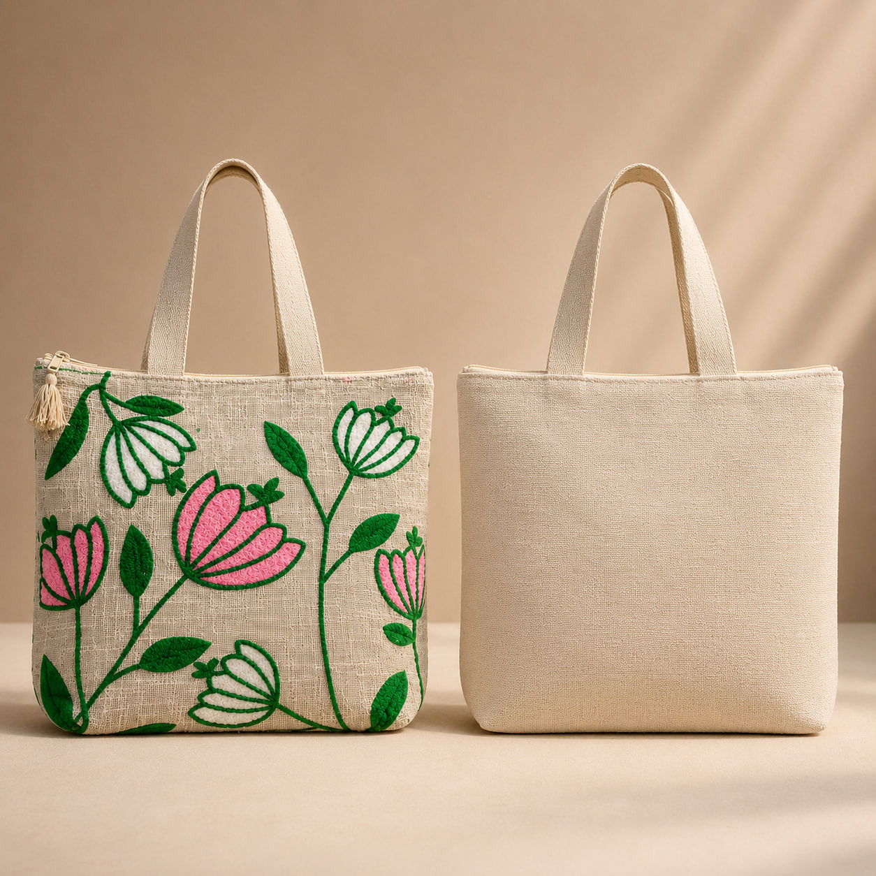 Front and back view of embroidered floral cotton linen tote bag