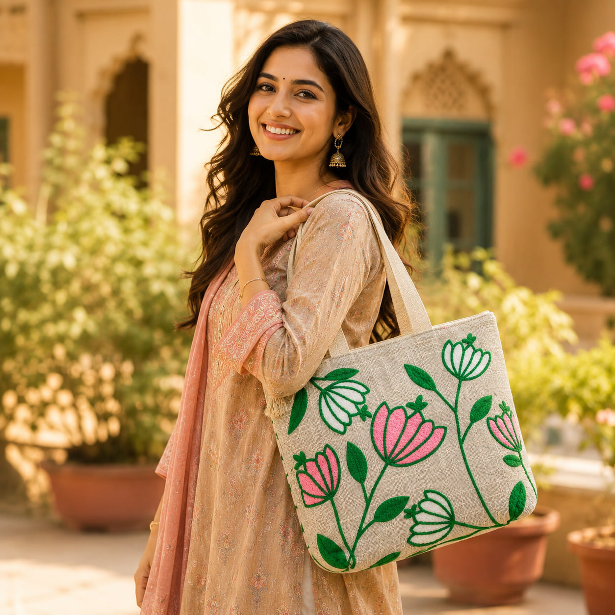 Woman carrying embroidered floral cotton linen tote bag on shoulder outdoors