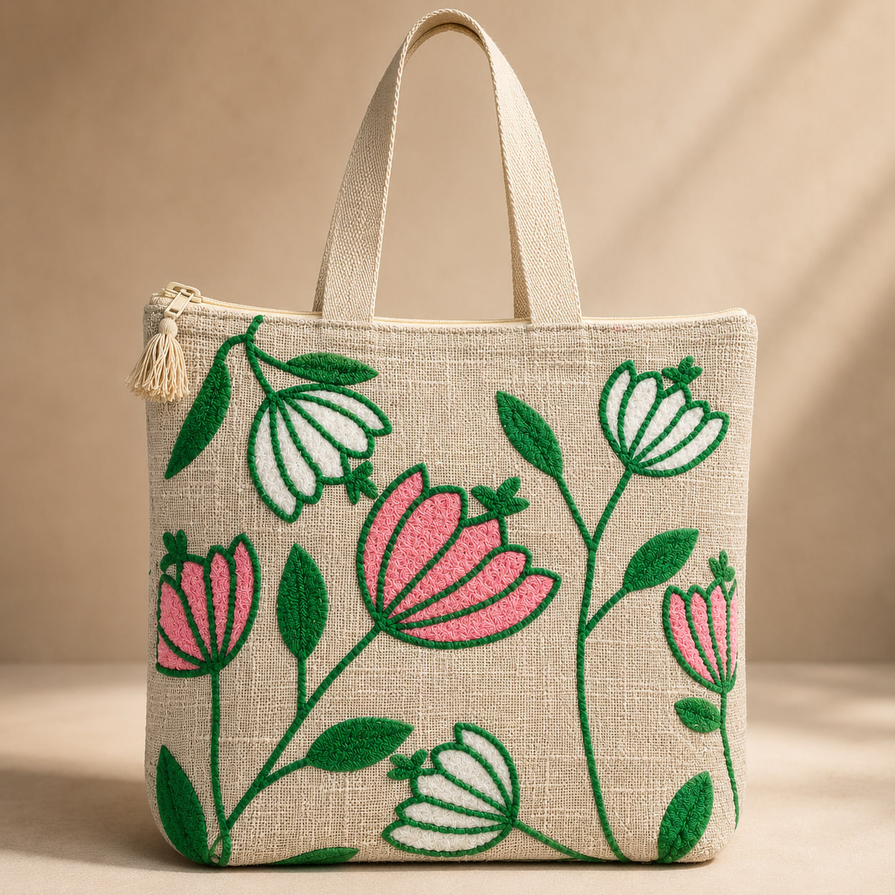 Embroidered floral cotton linen tote bag with pink and white flowers on beige base
