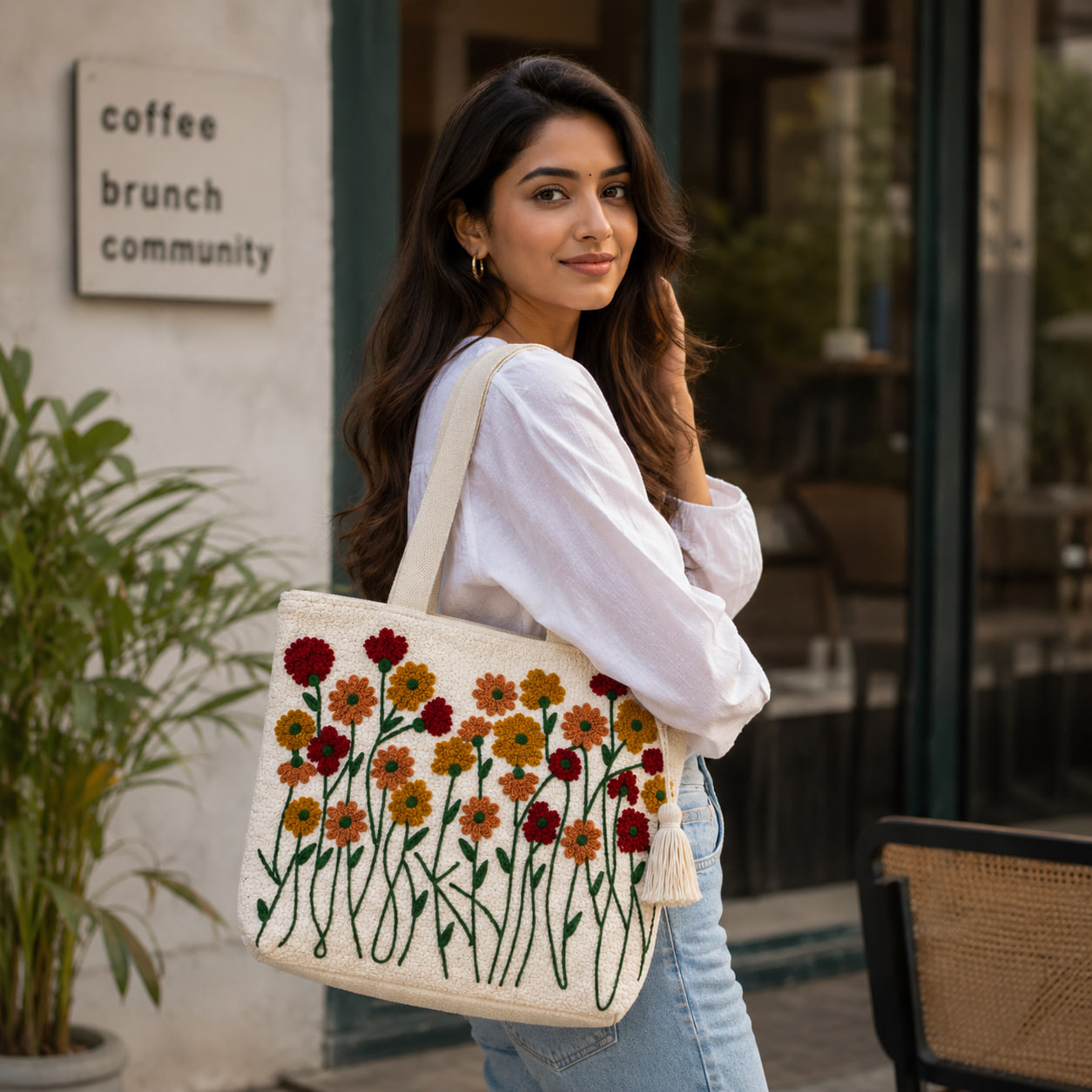 Woman wearing embroidered wildflower tote bag outside coffee shop