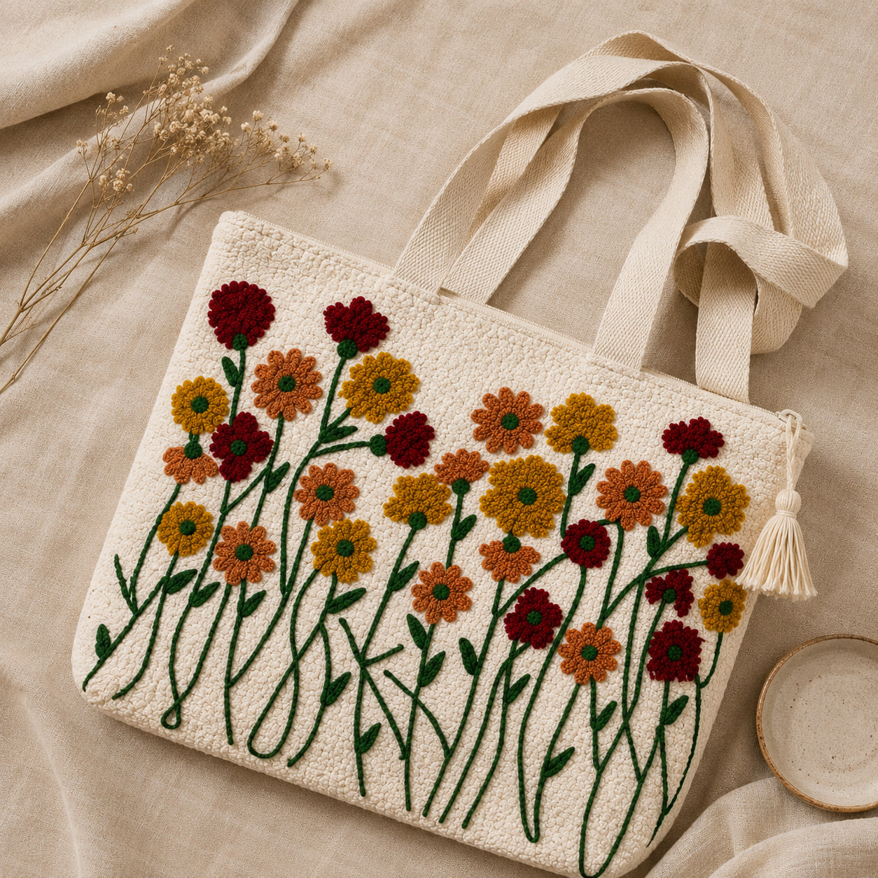 Wildflower embroidered tote bag styled flat with dried flower sprig