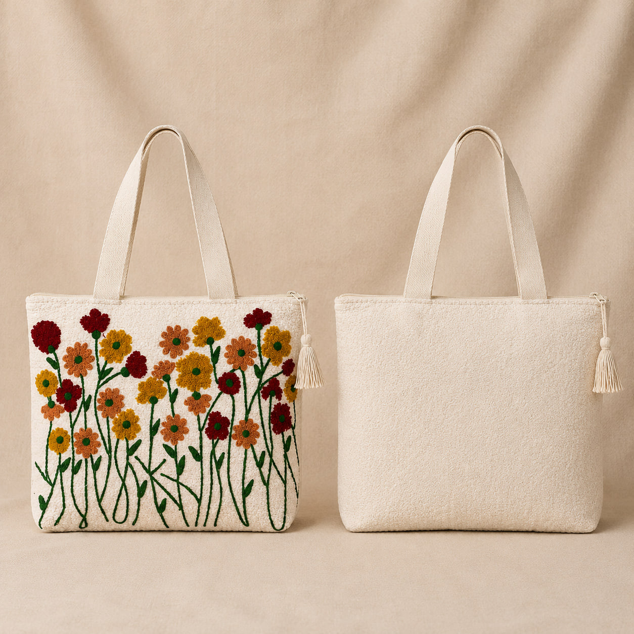 Front and back view of embroidered wildflower cotton linen tote bag