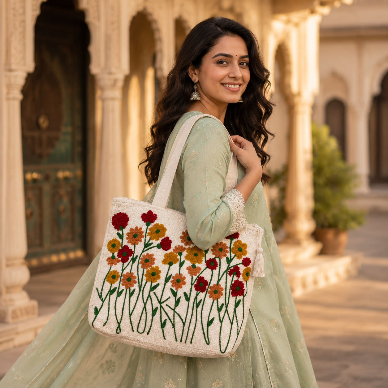 Woman carrying embroidered wildflower tote bag in traditional courtyard