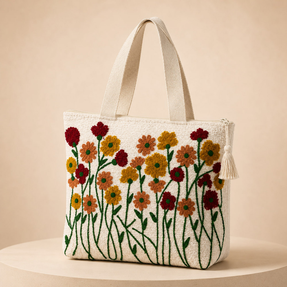 Image of Embroidered Wildflower Cotton Linen Tote Bag