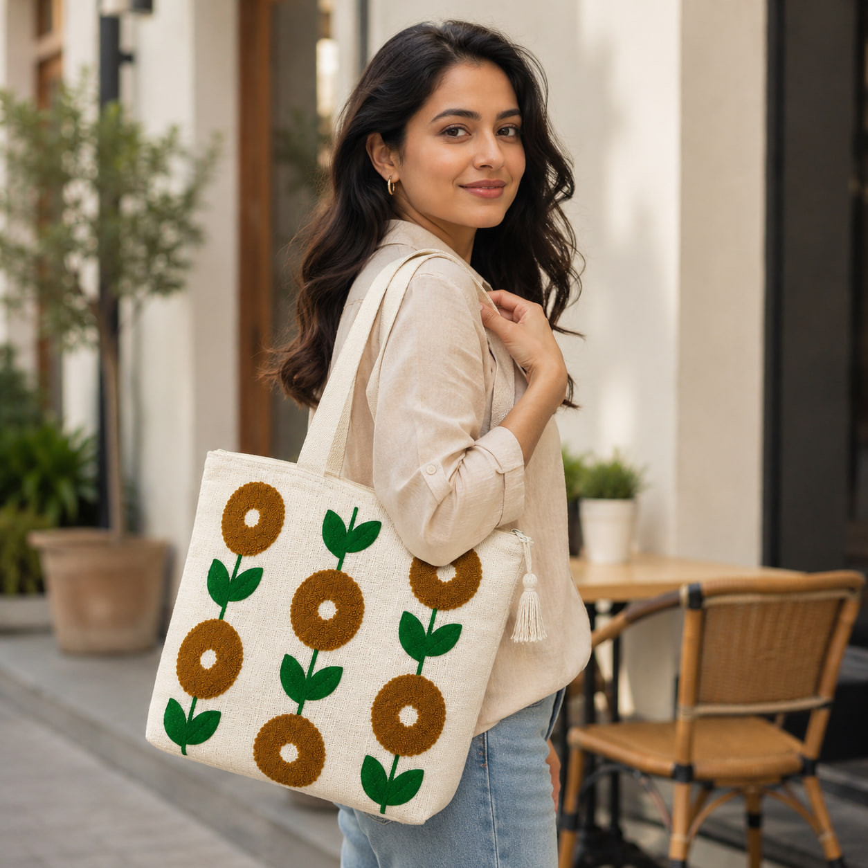Woman wearing embroidered sunflower tote bag on shoulder outdoors