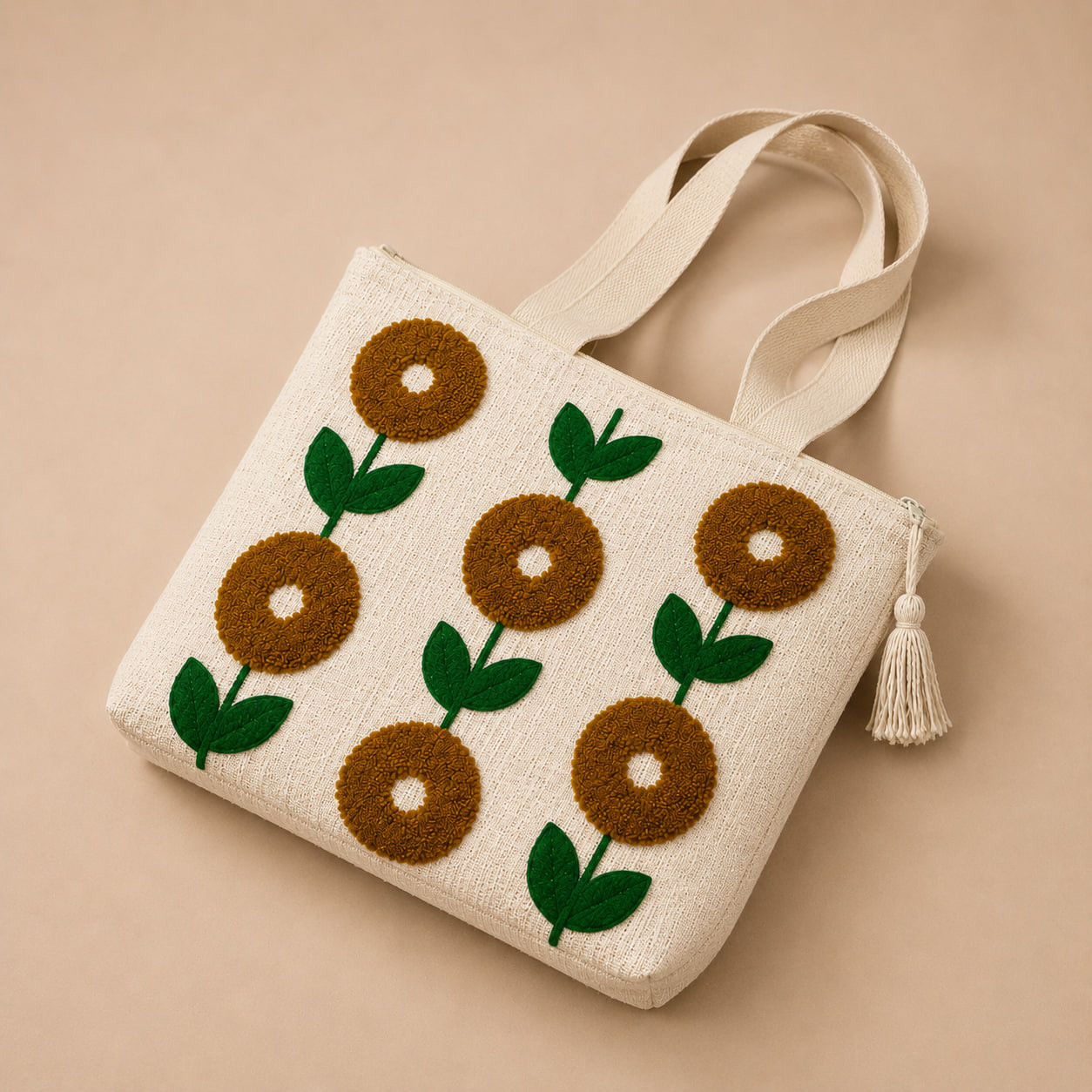 Close-up angle of embroidered sunflower tote bag showing tassel zip pull