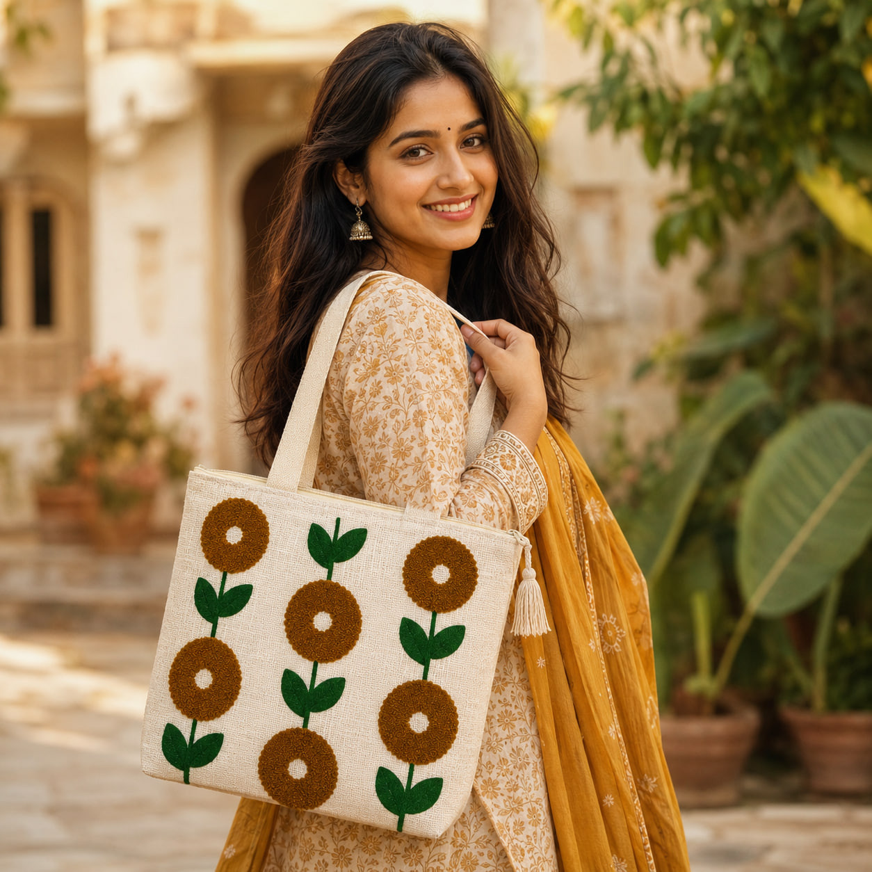 Woman carrying embroidered sunflower tote bag outdoors in courtyard