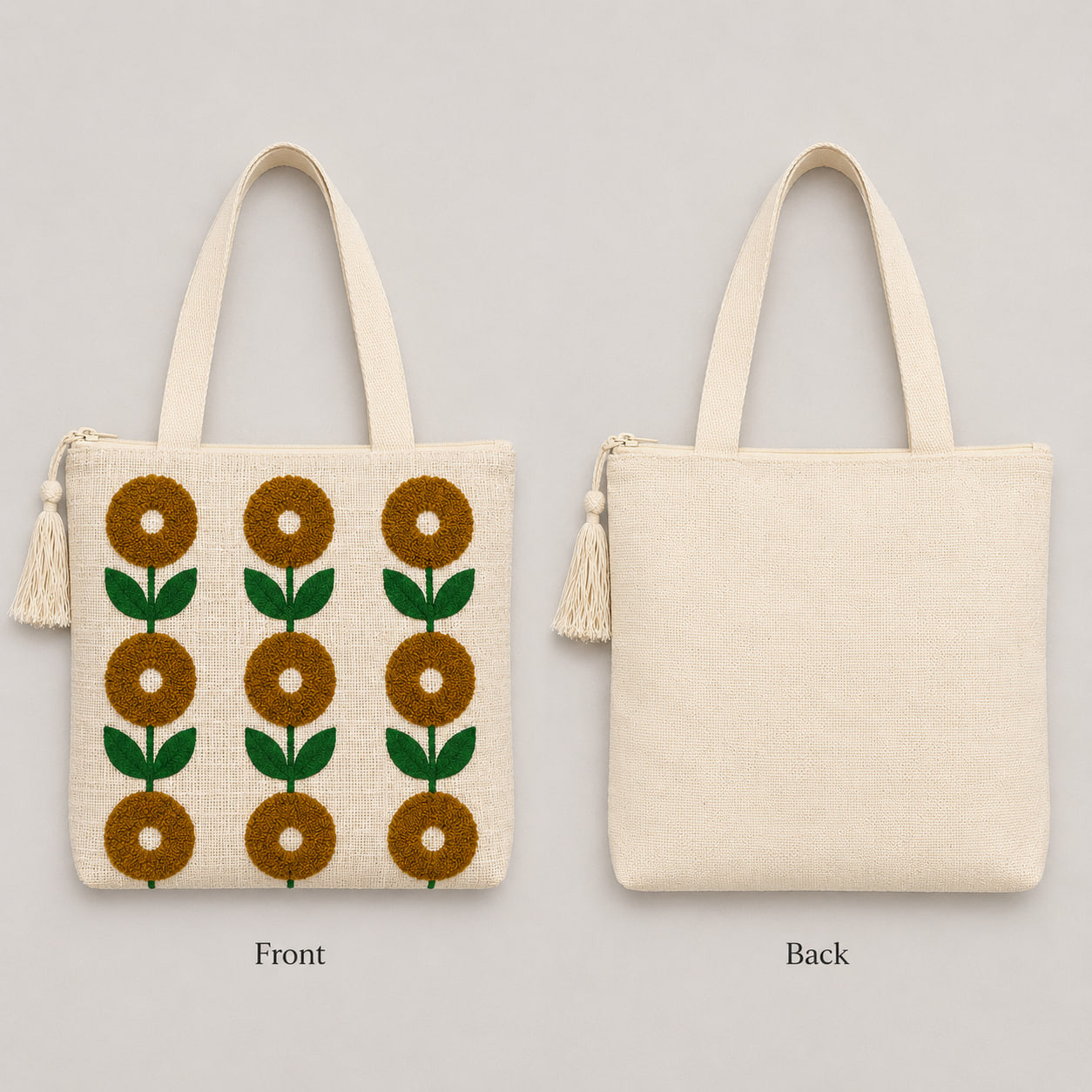 Front and back view of embroidered sunflower cotton linen tote bag