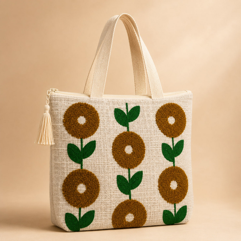 Image of Embroidered Sunflower Cotton Linen Tote Bag