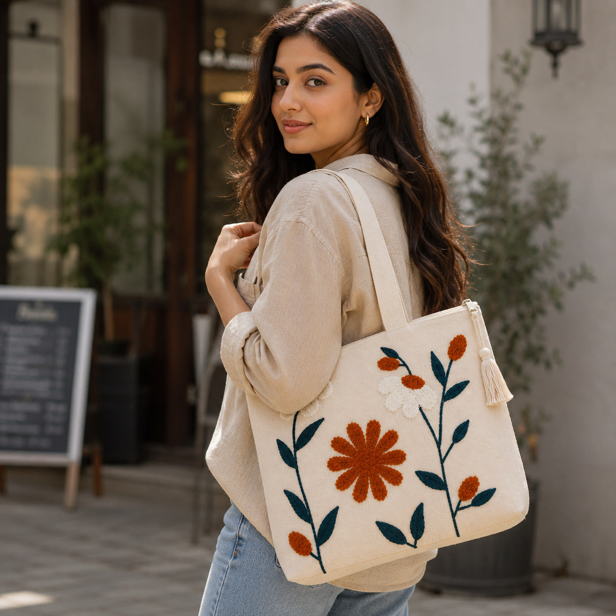 Woman wearing embroidered rust daisy tote bag outdoors on street