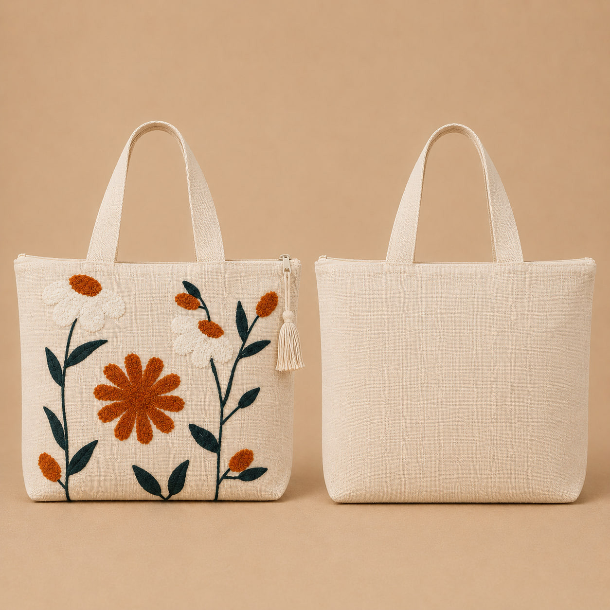 Front and back view of embroidered rust daisy cotton linen tote bag