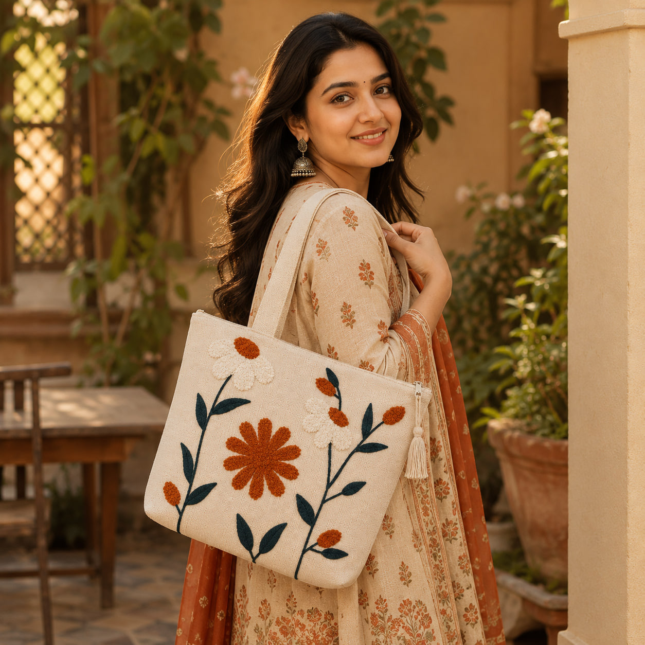 Woman carrying embroidered rust daisy tote bag in traditional courtyard