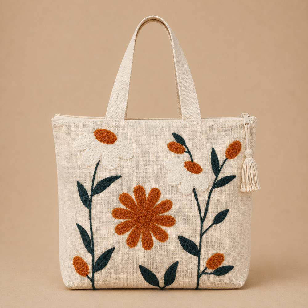 Image of Embroidered Rust Daisy Cotton Linen Tote Bag