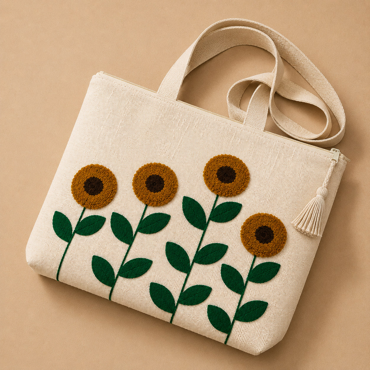 Close-up angle of embroidered sunflower tote bag showing tassel zip pull