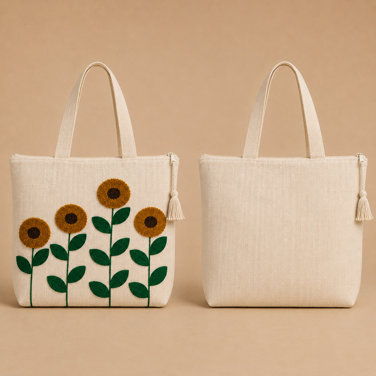 Front and back view of embroidered sunflower field cotton linen tote bag