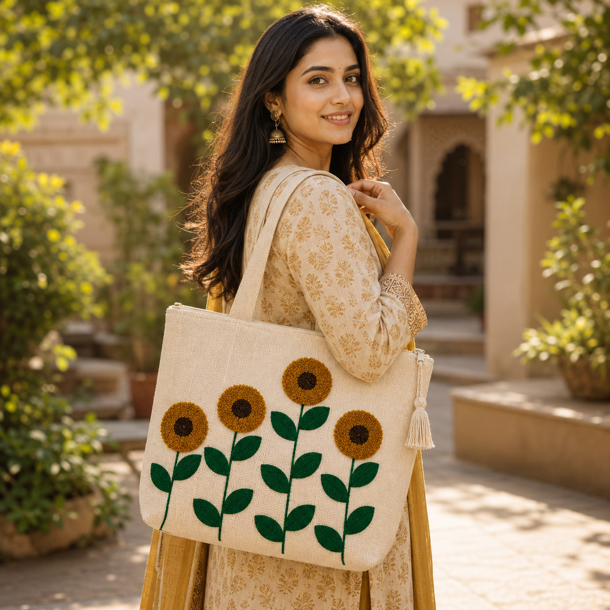 Woman carrying embroidered sunflower field tote bag in traditional courtyard