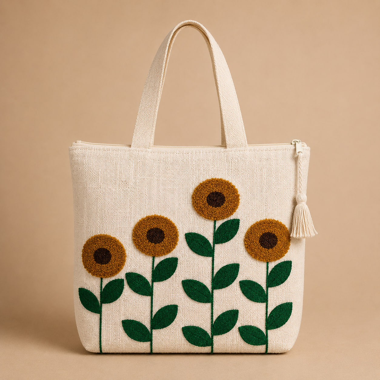 Embroidered sunflower field tote bag with mustard-brown flowers on ivory linen