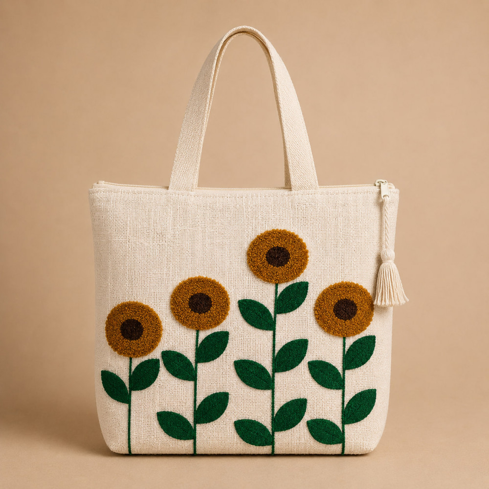 Image of Embroidered Sunflower Field Cotton Linen Tote Bag